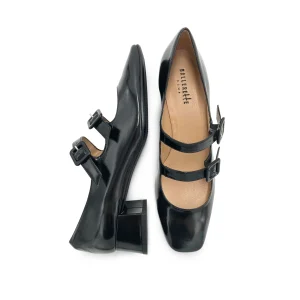 Ballerine Mary Jane nere lucide con tacco e punta quadrata