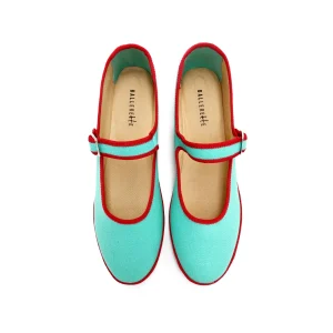 Ballerine friulane Mary Jane in cotone azzurro acqua e dettagli rossi