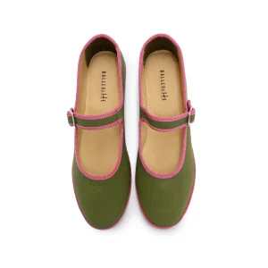 Ballerine friulane Mary Jane in cotone verdi oliva e dettagli rosa