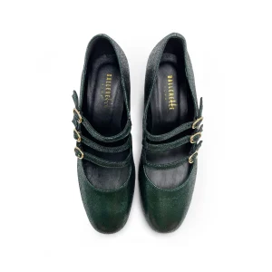 Mary Jane verdi in camoscio laminato con cinturini e tacco alto