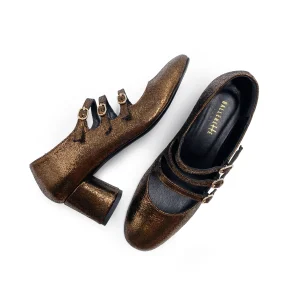 Mary Jane rame in camoscio laminato con cinturini e tacco alto