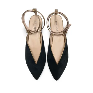 Scarpe mule estive in camoscio nero con laccio bronzo alla caviglia