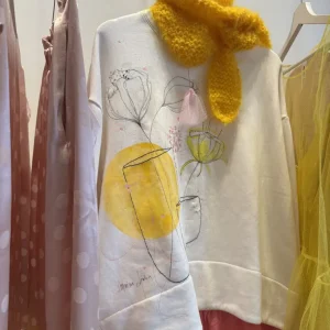 Sweat-shirt coton écru peint & brodé main