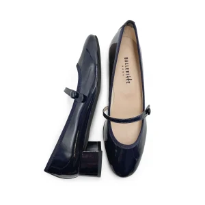 Ballerine Mary Jane blu in vernice con cinturino e tacco