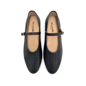 Ballerine Mary Jane nere accollate in pelle intrecciata a mano e cinturino