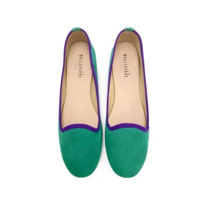 Slippers donna in camoscio verde smeraldo e dettagli viola