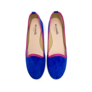 Slippers donna in camoscio bluette e dettagli fucsia