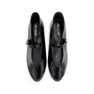 Ballerine Mary Jane nere in vernice con scollo a V e cinturino gioiello