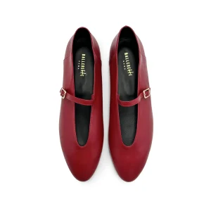 Ballerine rosso ciliegia in pelle con scollo a V e cinturino