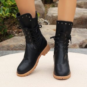 Bottes mi-mollet pour femme – Cuir synthétique – À lacets – Talon épais – Détail clouté